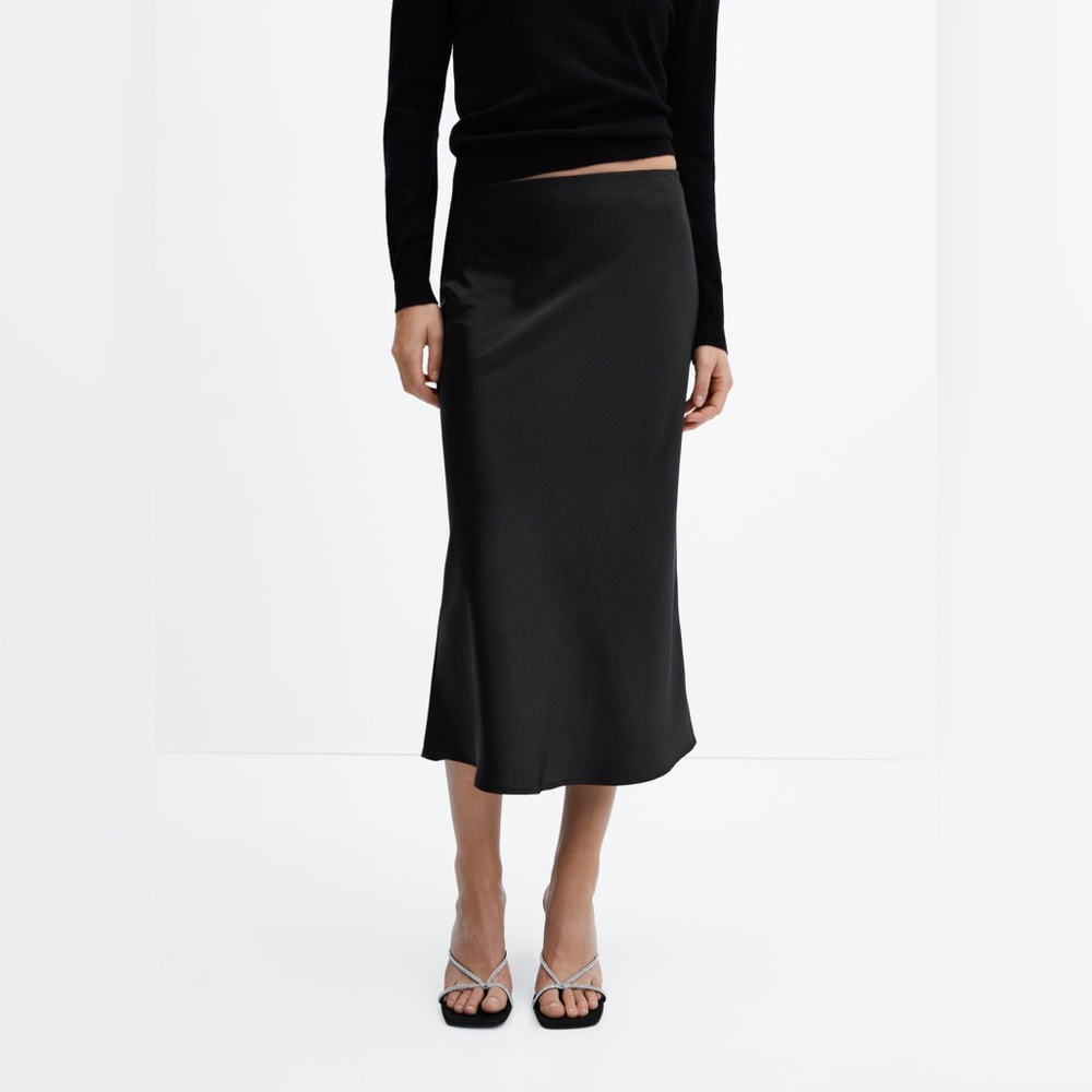 Mango Black Satin Midi Skirt Slip Style, Minimalist Chic Size Large New NWT